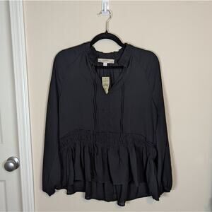 LOFT Black Tiered Ruffle Front Tie Boho Blouse Spring Workwear